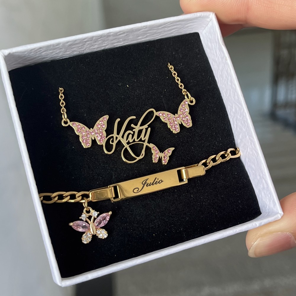Engraved Name Necklace - DUOYING, индивидуальный набор Розовых Бабочек, персонализированные